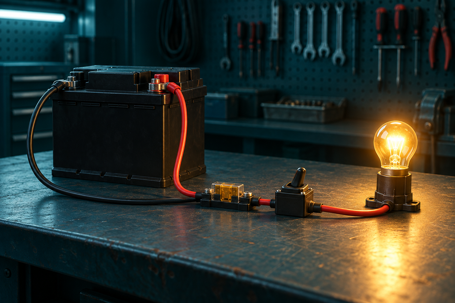 Batteri, sikring, bryter og en lysende lampe på en verkstedbenk